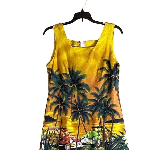 VTG Shannon Marie Hawaiian Dress Vintage Car Aloha Palm Tree Tropical Plumeria M - Picture 3 of 6